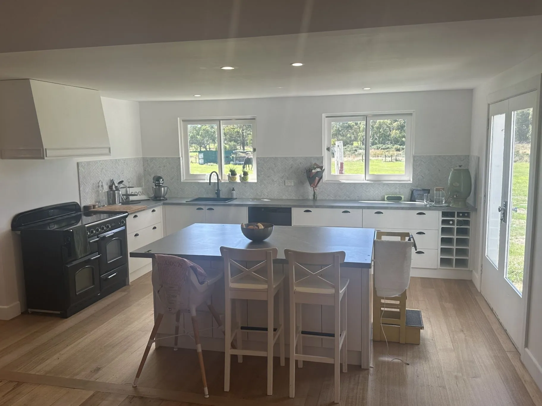 Finished renovated kitchen with stone island and freestanding range, Taylors Court, Kyneton.