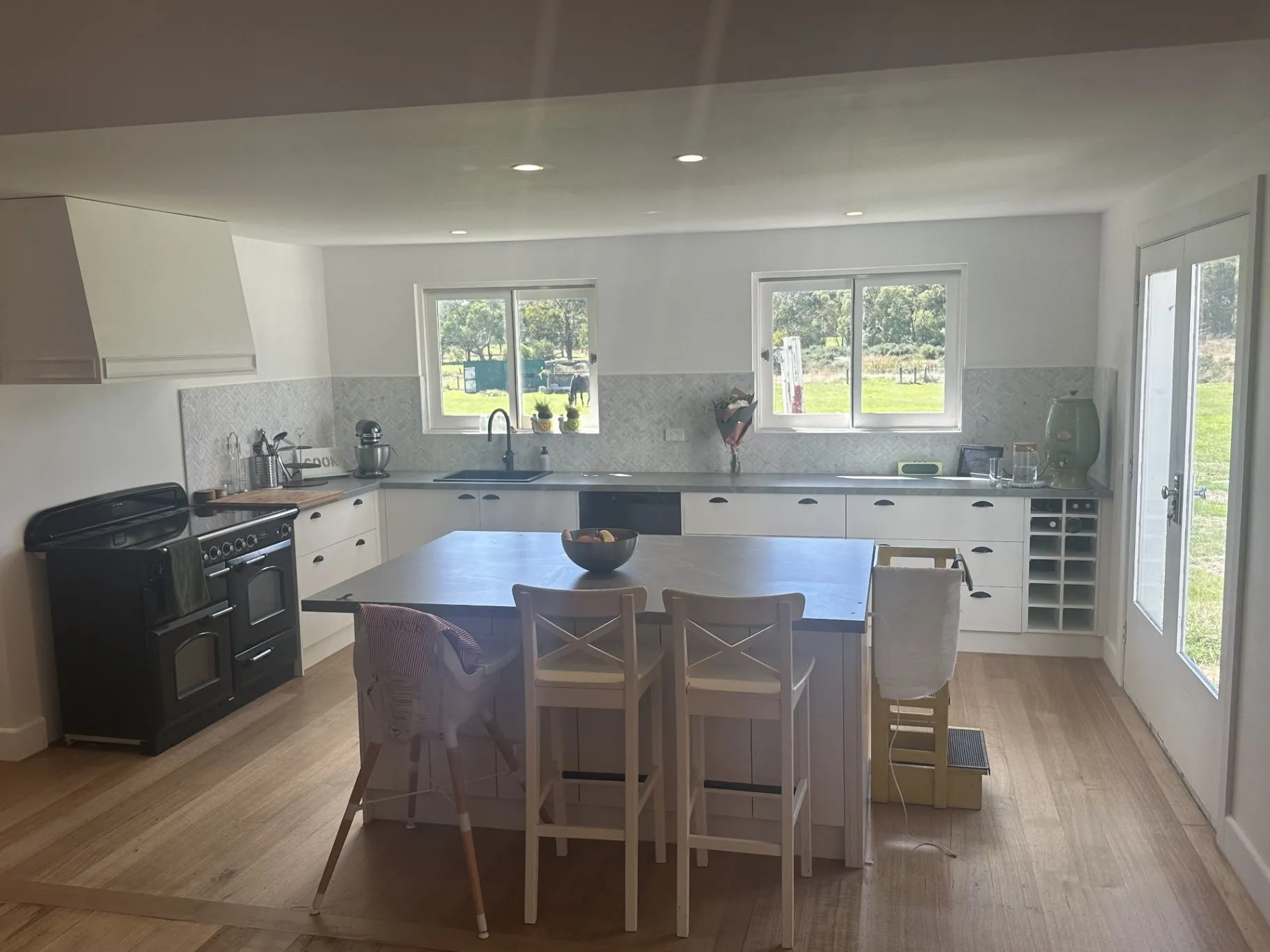 Wide view of the finished kitchen and living connection, Taylors Court, Kyneton.